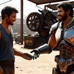 **

Prompt: A player character handing a shiny gear to a grizzled, friendly-looking junkyard NPC. The background is cluttered with scrap metal and discarded machinery. Warm, inviting lighting. Focus on the NPC's appreciative expression.

**