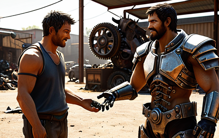 **
Prompt: A player character handing a shiny gear to a grizzled, friendly-looking junkyard NPC. The background is cluttered with scrap metal and discarded machinery. Warm, inviting lighting. Focus on the NPC's appreciative expression.
**